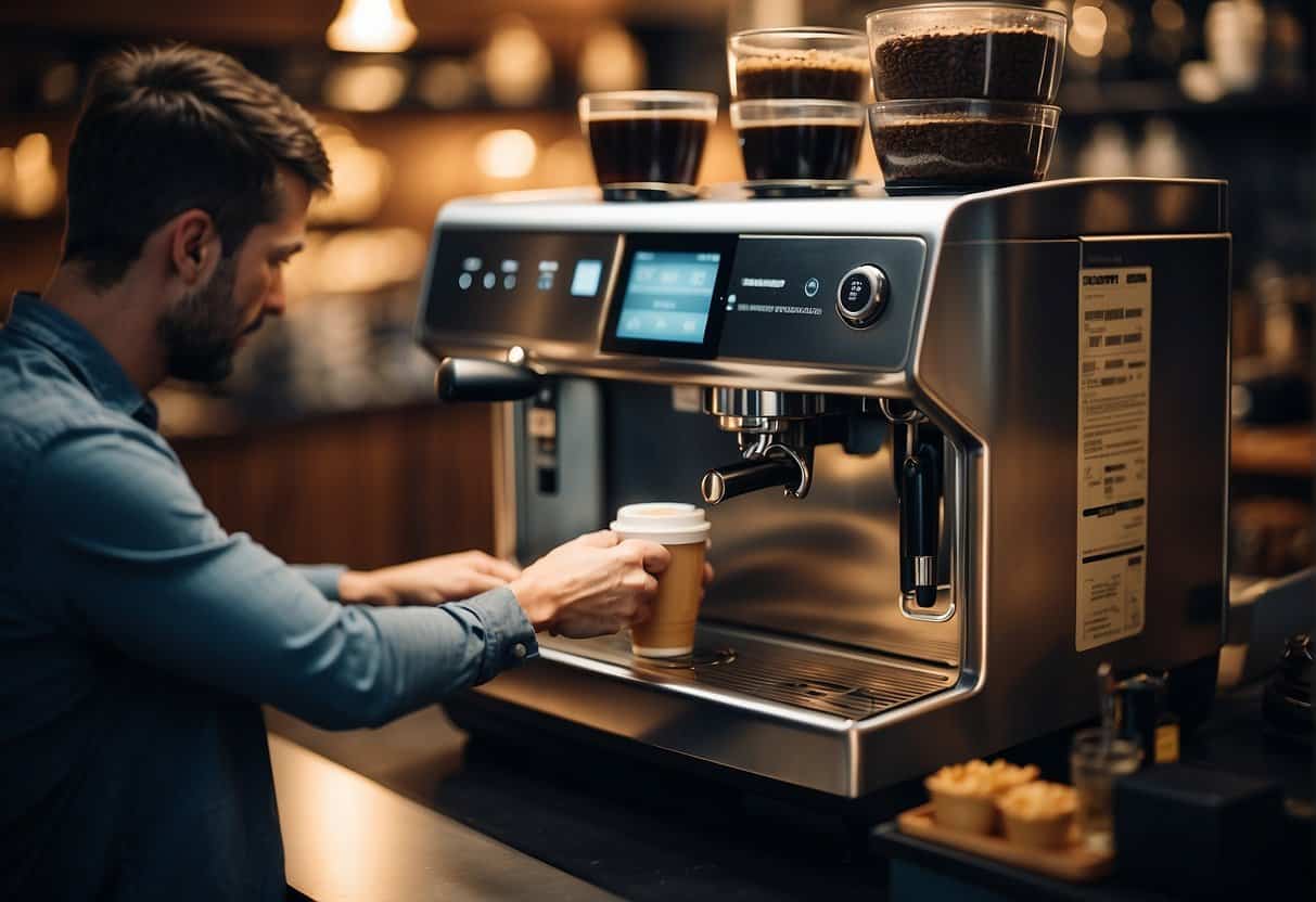 A customer swipes a credit card to buy a bean to cup coffee machine from a store