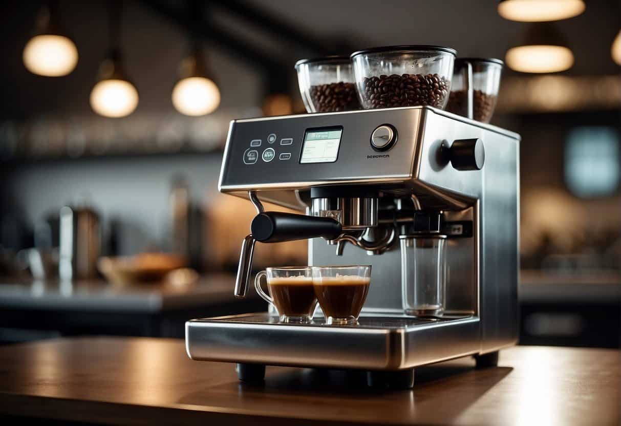 A bean to cup coffee machine brews a fresh cup of coffee, with steam rising from the top and a sleek, modern design