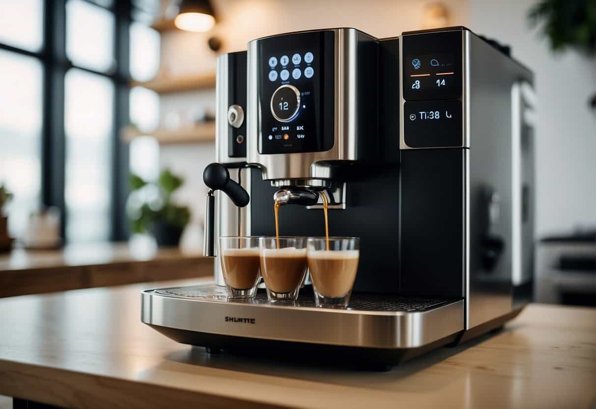 A bean to cup coffee machine sits on a clean, modern countertop. Steam rises from the freshly brewed cup, while the machine's sleek design and digital display convey a sense of efficiency and sophistication