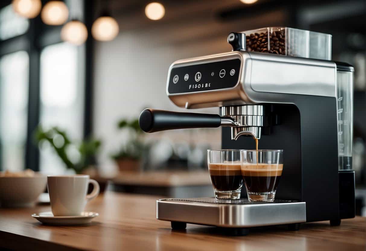 A sleek, modern bean-to-cup coffee machine stands on a clean, minimalist countertop. Steam rises from the spout as freshly ground coffee beans are brewed into a perfect cup of espresso