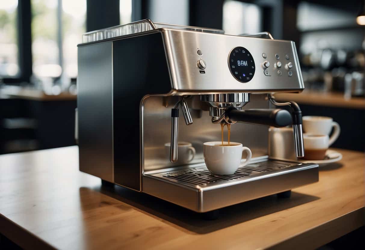 A sleek bean to cup coffee machine dispenses espresso and other coffee options in a modern commercial setting