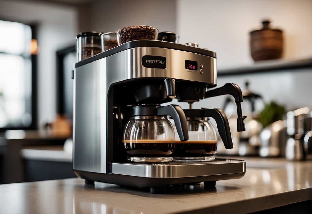 A sleek, modern coffee machine sits on a clean countertop, surrounded by steaming cups and freshly ground coffee beans. A digital display shows the words "Frequently Asked Questions" in bold letters